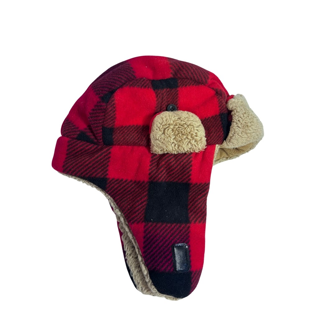 Baby Gap Trapper Hat 53cm Red Black Buffalo Plaid Faux Shearling Kids